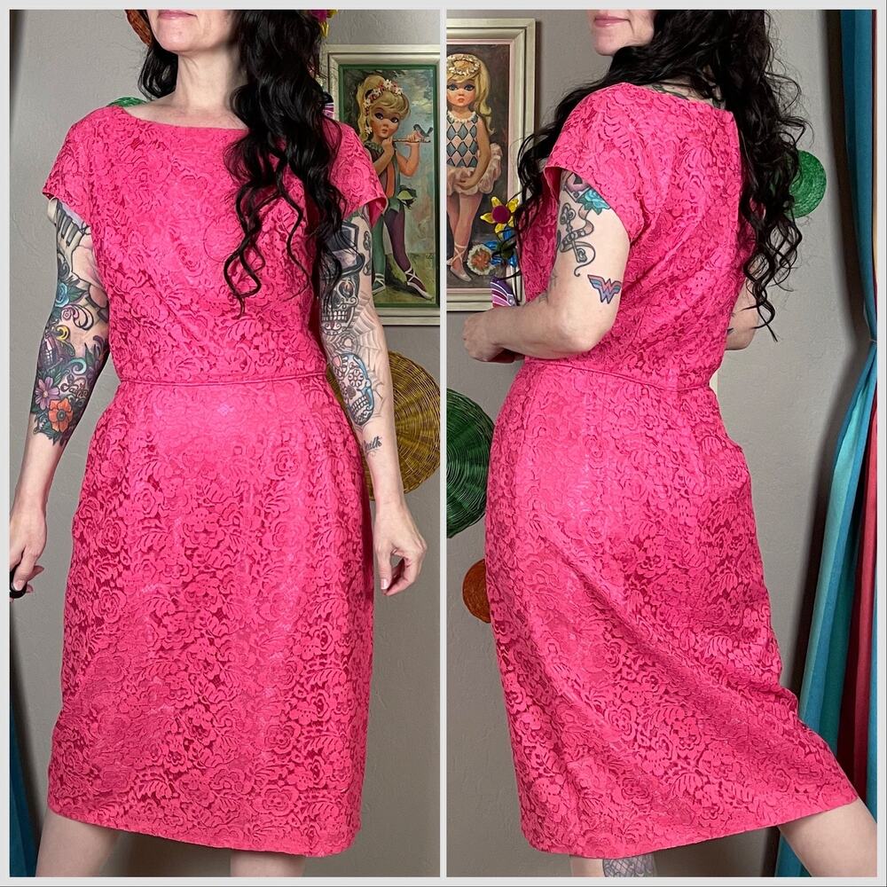 Vintage 1960s Pink Floral Lace Short Sleeve Sheath Dress - Picture 4 of 8